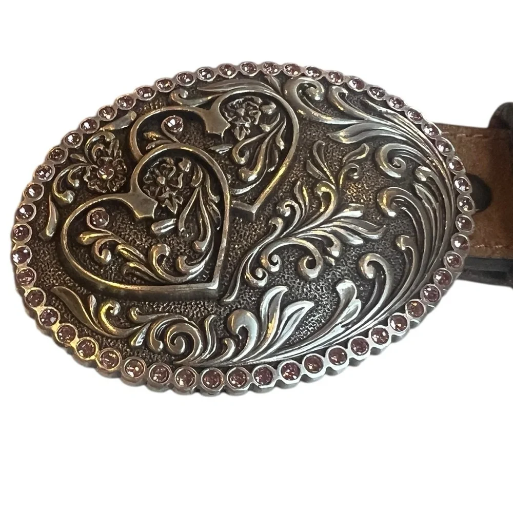 Tony Lama Little Girls Brown Leather Belt Silver Heart Buckle Rhinestones